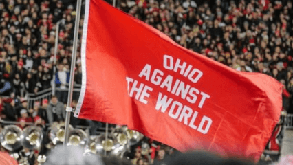 Scarlet flag with white text that reads "Ohio Against the World"