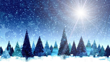 Illustration of snowy landcape with fir trees in shades of blue and a starry sky
